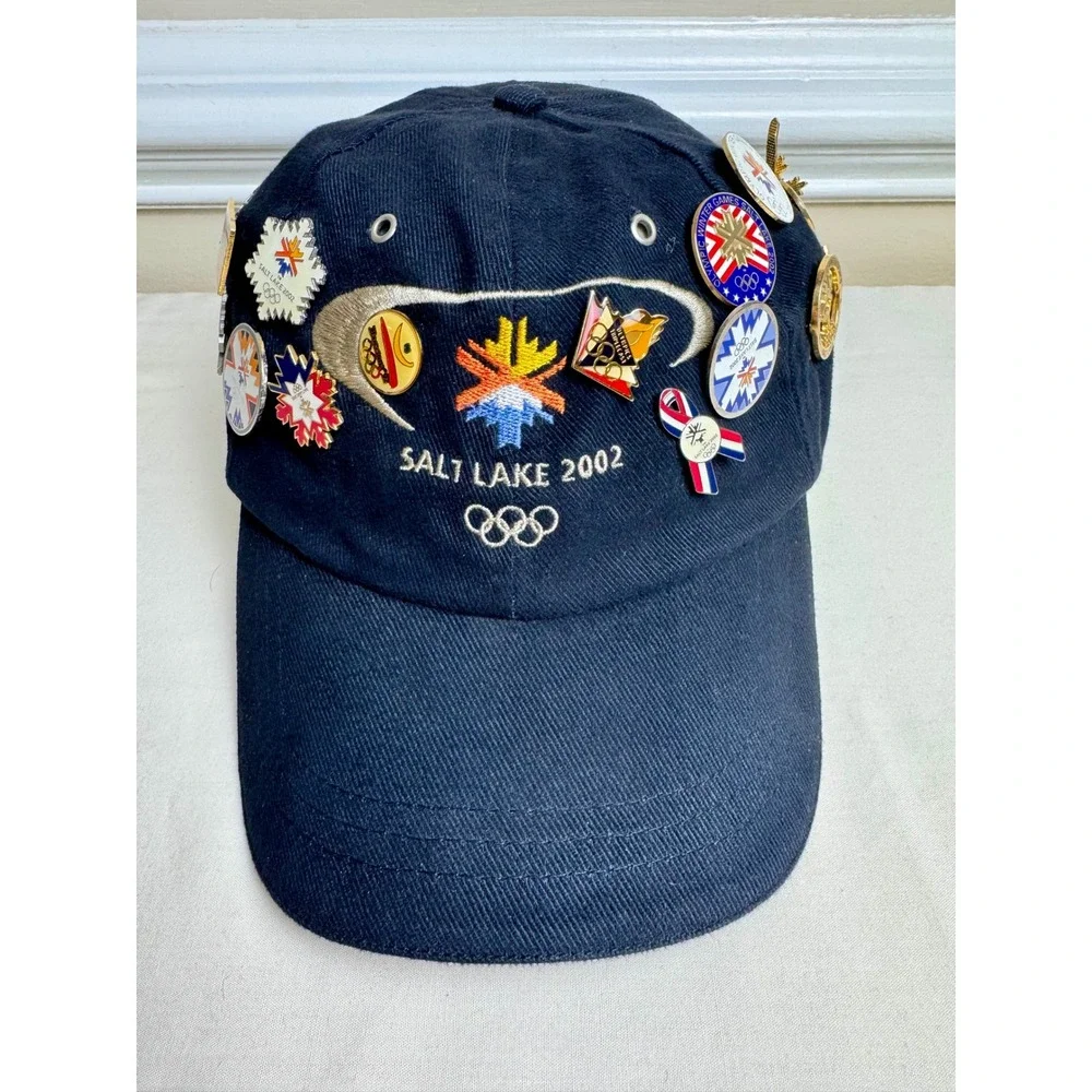 Salt Lake 2002 Winter Olympics Hat Black Strapback with‎ 15+ Vintage Pins Rare